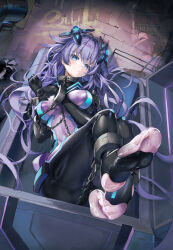 1girl absurdres blush bodysuit breasts choujigen_game_neptune covered_navel cuffs headgear highres impossible_bodysuit impossible_clothes latex long_hair looking_at_viewer medium_breasts neon_trim neptune_(series) next_purple power_symbol power_symbol-shaped_pupils purple_bodysuit purple_hair purple_heart_(neptunia) restrained see-through shackles sitting skin_tight solo symbol-shaped_pupils xun_li_eins