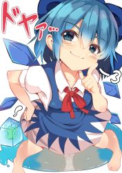 barefoot blue_bow blue_eyes blue_hair bow cheek_poking cirno collarbone commentary_request doyagao dress frog frozen_frog grin hair_bow half-closed_eyes hand_on_own_hip highres ice ice_wings legs_apart lolimate neck_ribbon panties pantyshot pantyshot_through_reflection poking puddle red_ribbon reflection ribbon smile smug solo split_mouth standing touhou underwear white_panties wings rating:Questionable score:50 user:danbooru
