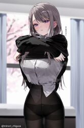  1girl black_pantyhose black_sweater blue_eyes blurry blurry_background bra_visible_through_clothes breasts cherry_blossoms chigusa_minori collared_shirt commentary_request dress_shirt grey_hair hair_ornament hairclip high-waist_pantyhose highres indoors large_breasts long_hair long_sleeves panties panties_under_pantyhose pantyhose parted_lips saotome_shino_(shino_to_ren) shino_to_ren shirt sidelocks solo sweatdrop sweater thighband_pantyhose translation_request twitter_username underwear undressing white_shirt window  rating:Sensitive score:7 user:danbooru