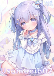  1girl :o artist_logo blue_bow blue_dress blush bow commentary_request dress frills hair_bow hair_ornament heart highres long_hair long_sleeves looking_at_viewer original puffy_long_sleeves puffy_sleeves purple_eyes purple_hair rainbow sitting sleeves_past_wrists socks solo star_(symbol) stuffed_animal stuffed_toy two_side_up usashiro_mani very_long_hair 