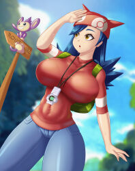  1girl aipom bandana blue_hair bralines breasts creatures_(company) curvy fenrox game_freak gen_2_pokemon highres hourglass large_breasts lisa_(pokemon) long_hair nintendo pants pokemon pokemon_(anime) pokemon_(classic_anime) pokemon_(creature) pokemon_3:_the_movie_-_spell_of_the_unown:_entei red_shirt shirt sweat sweatdrop thick_thighs thighs tight_clothes tight_pants tight_shirt 