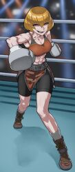  abs blonde_hair bob_cut boxing boxing_gloves boxing_ring clementine_(overlord) gladiator_shorts highres looking_at_viewer overlord_(maruyama) red_eyes rggr silver_gloves sports_bra  rating:General score:4 user:Meklord_Emperor_Wisel
