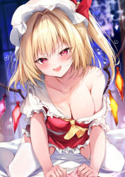  1girl :d absurdres all_fours blonde_hair blush breasts cleavage flandre_scarlet hat highres looking_at_viewer medium_breasts medium_hair mob_cap nenobi_(nenorium) open_mouth red_eyes side_ponytail smile solo touhou white_hat 