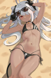  1girl absurdres armpits arms_up bare_shoulders beach bikini black_bikini black_gloves blue_archive blush breasts closed_mouth collarbone dark-skinned_female dark_skin eyewear_on_head gloves groin hair_between_eyes highres iori_(blue_archive) iori_(swimsuit)_(blue_archive) long_hair looking_at_viewer lying navel official_alternate_costume on_back outdoors red_eyes sand small_breasts solo stomach string_bikini sunglasses swimsuit tai_mian_meng_meng tail thighs two_side_up very_long_hair white_hair  rating:Sensitive score:46 user:danbooru