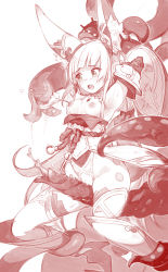 1girl animal_ear_fluff animal_ears armpits arms_up bare_shoulders blunt_bangs blush breasts cat_ears detached_sleeves facial_mark fangs green_eyes highres imminent_penetration imminent_vaginal long_hair monochrome nia_(blade)_(xenoblade) nia_(xenoblade) nintendo nipples nurami_(shouji) open_mouth restrained simple_background small_breasts solo spoilers spot_color tears tentacles thighhighs very_long_hair white_background xenoblade_chronicles_(series) xenoblade_chronicles_2 rating:Explicit score:140 user:danbooru