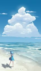  1girl arm_at_side artist_name bare_legs barefoot beach blue_bow blue_dress blue_eyes blue_hair blue_sky bow cirno closed_mouth cloud collared_shirt commentary cumulonimbus_cloud dark-skinned_female dark_skin day dress english_commentary hair_bow highres ice ice_wings looking_afar ocean outdoors profile scenery shaoviie shirt short_dress short_hair short_sleeves sky sleeveless sleeveless_dress solo standing summer tan tanned_cirno touhou waves white_shirt wide_shot wings 