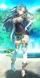 1girl aqua_hair bench blush boots breasts chloe_(fire_emblem) cleavage covered_navel elbow_gloves fire_emblem fire_emblem_engage fire_emblem_heroes fountain gloves green_eyes hair_between_eyes hand_on_own_hip highres long_hair looking_at_viewer medium_breasts nintendo park park_bench solo standing thighhighs tree tsukishiro_saika white_footwear white_gloves white_thighhighs