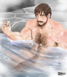  1boy bara beard brown_hair completely_nude cup facial_hair flaccid full_beard girthy_penis hairy holding holding_cup kaku_(kakuillustrate) large_pectorals looking_at_viewer male_focus mature_male muscular muscular_male musical_note mustache nipples nude onsen original partially_submerged pectorals penis quarter_note seductive_smile short_hair smile solo thick_chest_hair thick_eyebrows thick_mustache thick_navel_hair tsurime wet wet_hair 