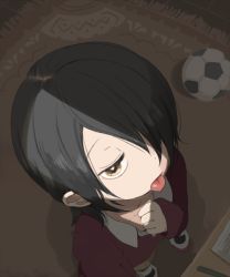  androgynous bad_id bad_pixiv_id ball black_hair brown_eyes from_above gender_request hair_over_one_eye indoors meily original rug soccer_ball solo telstar tongue tongue_out 