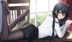 1girl :d ahoge ass azur_lane black_hair black_skirt day desk envelope feet_up from_side full_body hair_ribbon highres holding holding_envelope indoors jyu-so long_hair long_sleeves looking_at_viewer looking_to_the_side low_twintails lying miniskirt on_desk on_stomach open_mouth pantyhose parted_lips pleated_skirt raised_eyebrows red_eyes red_ribbon ribbon school_uniform shirt skirt smile solo sunlight taihou_(azur_lane) taihou_(sweet_time_after_school)_(azur_lane) the_pose tress_ribbon twintails white_shirt window rating:Sensitive score:23 user:danbooru