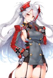  1girl ahoge antenna_hair azur_lane black_gloves black_panties blush breasts bright_pupils buttons closed_mouth covered_erect_nipples cowboy_shot cross double-breasted dress finger_to_mouth garter_belt garter_straps gloves hand_on_own_hip headgear iron_cross long_hair long_sleeves looking_at_viewer medium_breasts military military_uniform mole mole_on_breast multicolored_hair no_bra orange_eyes panties panty_peek prinz_eugen_(azur_lane) sideboob simple_background smile smug solo standing streaked_hair swept_bangs thick_thighs thighs tsurime two_side_up underwear uniform very_long_hair white_background white_hair 