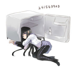  10s 1girl 241543903 akemi_homura bad_id bad_pixiv_id black_hair bottle drink hairband high_heels in_container kyabechi long_hair lying magical_girl mahou_shoujo_madoka_magica mahou_shoujo_madoka_magica_(anime) meme on_side pantyhose purple_eyes refrigerator simple_background solo soul_gem 