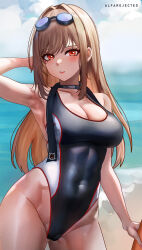  1girl absurdres alfarejected arm_behind_head armpits artist_name beach black_one-piece_swimsuit blush breasts cleavage covered_navel goddess_of_victory:_nikke goggles goggles_on_head highleg highleg_swimsuit highres large_breasts looking_at_viewer ocean one-piece_swimsuit outdoors rapi_(classic_vacation)_(nikke) rapi_(nikke) sand solo swimming_goggles swimsuit two-tone_swimsuit white_one-piece_swimsuit  rating:Sensitive score:13 user:Leksa