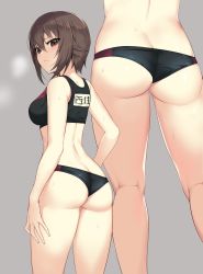 1girl alternate_costume arched_back ass back bare_arms bare_shoulders blush breasts brown_eyes brown_hair butt_crack closed_mouth clothes_writing commentary_request from_behind frown girls_und_panzer grey_background hair_between_eyes highres icomochi legs looking_at_viewer looking_back medium_breasts nishizumi_maho short_hair simple_background skindentation solo sportswear standing steam sweat thighs rating:Sensitive score:74 user:danbooru