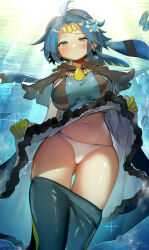 1girl absurdres blue_hair blush breasts clothes_lift clothes_pull commission duel_monster highres large_breasts long_hair looking_at_viewer marincess_blue_tang navel panties pantyhose pantyhose_pull pixiv_commission ro_g_(oowack) skirt skirt_lift solo stomach underwater underwear white_panties yu-gi-oh!