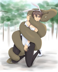  1girl animal_ears blush breasts brown_eyes brown_hair cleavage day fake_animal_ears gertrud_barkhorn grabbing hand_up high_heels highres isosceles_triangle_(xyzxyzxyz) kneeling large_breasts one_eye_closed outdoors pantyhose playboy_bunny rabbit_ears restrained short_hair snake strike_witches tree white_footwear world_witches_series  rating:Questionable score:11 user:tanaab1234567890