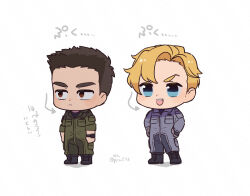  2boys :d ao_isami arms_at_sides black_hair blonde_hair blush chibi facial_hair jumpsuit kan_(pyy_c12) lewis_smith looking_ahead male_focus multiple_boys open_mouth side-by-side sideburns_stubble smile stubble thick_eyebrows translation_request yuuki_bakuhatsu_bang_bravern 