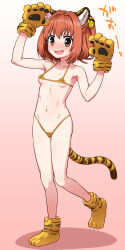 1girl absurdres animal_ears animal_hands animal_print bell bikini blush breasts commentary_request female_focus full_body gloves gradient_background hair_bell hair_ornament highres itou_yuuji loli looking_at_viewer micro_bikini motoori_kosuzu navel open_mouth paw_gloves pink_background print_bikini red_eyes red_hair short_hair small_breasts smile solo standing swimsuit tiger_ears tiger_print touhou yellow_gloves rating:Questionable score:54 user:danbooru