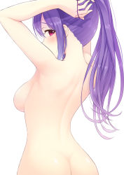 1girl adjusting_hair armpits arms_behind_head arms_up ass back blush breasts commentary_request female_focus fingernails from_behind hair_between_eyes hair_tie hicha_nomu highres long_hair looking_at_viewer looking_back medium_breasts nude original pink_eyes ponytail purple_hair sidelocks simple_background solo standing tying_hair upper_body white_background rating:Questionable score:29 user:danbooru