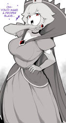  1girl absurdres animal_ears breasts cape chest_jewel cleavage crown dark_persona dress elbow_gloves english_text gloves greyscale hand_on_own_hip highres large_breasts looking_at_viewer mario_(series) mini_crown monochrome nintendo ojou-sama_pose open_mouth paper_mario paper_mario:_the_thousand_year_door princess_peach red_eyes sally_(luna-arts) shadow_queen solo spot_color  rating:General score:2 user:danbooru