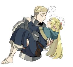  1boy 1girl absurdres armor blonde_hair blue_robe blush carrying carrying_person dungeon_meshi elf findoworld green_eyes highres hooded_robe laios_touden long_hair long_sleeves looking_at_another marcille_donato pointy_ears princess_carry robe short_hair shoulder_armor simple_background sparkle sweatdrop upper_body white_background  rating:General score:7 user:danbooru