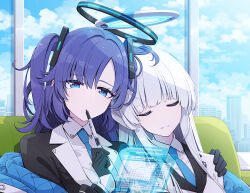  2girls black_gloves blue_archive blue_eyes blue_necktie closed_eyes closed_mouth collared_shirt formal gloves grey_hair halo holding holding_pen indoors long_hair long_sleeves looking_at_viewer mechanical_halo multiple_girls necktie noa_(blue_archive) pen purple_hair sakuraba_yuuki shirt smile suit two_side_up upper_body white_shirt yuuka_(blue_archive) 