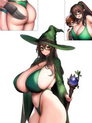 1boy 1girl absurdres age_difference ass ass_focus ass_grab bikini blush breasts brown_hair brown_haired_glasses_elf_(houtengeki) chorquistudios claws cute_male dinosaur dinosaur_boy dress elf elf_girl fanart_digital glasses green_bikini green_dress hat highres huge_breasts laying_on_person magic_staff massive_butt massive_thighs mature_female monster_boy pointy_ears pressing_breasts raptor smaller_boy smaller_dominant standing swimsuit third-party_edit third-party_source top_hat white_background witch witch_hat  rating:Explicit score:39 user:PatateFinfin
