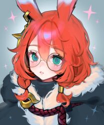  1girl animal_ears aurora_(league_of_legends) blue_eyes blush closed_mouth commentary earrings english_commentary freckles fur_trim gradient_background grey_background hair_between_eyes highres jewelry league_of_legends loltinami long_hair looking_at_viewer orange_hair parted_lips rabbit_ears rabbit_girl round_eyewear sidelocks simple_background solo sparkle upper_body 