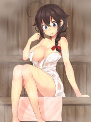 1girl ahoge arm_support blue_eyes blush braid breasts brown_hair collarbone hair_flaps hair_over_shoulder hair_ribbon highres indoors kantai_collection large_breasts long_hair naked_towel open_mouth red_ribbon ribbon sauna see-through shigure_(kancolle) shigure_kai_ni_(kancolle) siesta_(artist) single_braid sitting solo steam sweat towel wet wet_towel white_towel rating:Questionable score:29 user:danbooru