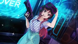  1girl 22/7 22/7_ongaku_no_jikan @_@ belt blue_belt blue_skirt confused dutch_angle game_cg gun hands_up head-mounted_display headset highres holding holding_gun holding_weapon indoors lens_flare light_particles long_hair non-web_source official_art open_mouth red_eyes red_hair sato_reika screen short_sleeves sidelocks skirt solo sparkle standing straight_hair sweatdrop weapon 