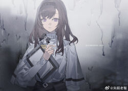  1girl 2024 against_wall arknights artist_name black_bow black_bowtie black_hairband black_pants bow bowtie brown_hair chinese_commentary clipboard coattails collared_jacket commentary_request cowboy_shot dripping hairband high-waist_pants holding holding_clipboard holding_tablet_pc jacket krab_(fumekrab) layered_sleeves long_hair long_sleeves looking_at_viewer open_clothes open_jacket pants parted_lips priestess_(arknights) puffy_long_sleeves puffy_sleeves purple_eyes shirt sleeves_past_wrists solo striped_bow striped_bowtie striped_clothes tablet_pc turtleneck turtleneck_shirt water_drop weibo_watermark white_jacket white_shirt 