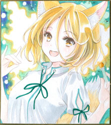  1girl :d animal_ears blonde_hair breasts commentary_request corked_bottle fox_ears fox_girl fox_shadow_puppet fox_tail green_ribbon hair_between_eyes hajike_akira highres holding holding_test_tube kudamaki_tsukasa mandarin_collar neck_ribbon open_mouth puffy_short_sleeves puffy_sleeves ribbon romper short_hair short_sleeves small_breasts smile solo tail test_tube touhou traditional_media upper_body white_romper yellow_eyes 