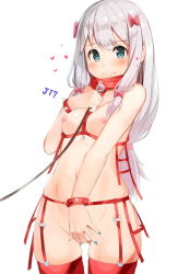1girl 3: bdsm blush bondage bondage_outfit bound bow bracelet breasts closed_mouth collar covering_privates covering_crotch eromanga_sensei garter_belt hair_bow heart izumi_sagiri jellytits-7 jewelry leash long_hair looking_at_viewer low-tied_long_hair medium_breasts nipples pink_bow red_thighhighs silver_hair simple_background slave solo tareme thighhighs white_background rating:Questionable score:175 user:danbooru