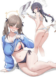  2girls absurdres ass bare_legs bikini bikini_bottom_pull bird black_bikini black_hair blue_archive blue_hoodie blush braid breasts brown_hair butt_crack cbmus cleavage clothes_lift cropped_hoodie flat_chest glasses grey_halo halo highres hood hoodie kneepits large_breasts leaf leaf_on_head leaf_print legs long_hair looking_at_viewer miyu_(blue_archive) miyu_(swimsuit)_(blue_archive) moe_(blue_archive) moe_(swimsuit)_(blue_archive) multiple_girls navel nipples official_alternate_costume print_bikini red_eyes seagull small_breasts stomach swimsuit thighs twin_braids twintails wedgie white_background white_bikini yellow_eyes  rating:Questionable score:100 user:danbooru