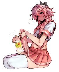 1boy after_ejaculation after_masturbation astolfo_(fate) astolfo_(sailor_paladin)_(fate) astolfo_monster_cosplay_(meme) blush bottle bow braid c.c._lemon crossdressing cum cum_in_container cumdrip doppel_(bonnypir) ejaculation erection fate/grand_order fate_(series) finni_081 hair_between_eyes hair_bow half-closed_eyes heavy_breathing highres huge_penis long_braid long_hair looking_at_viewer male_focus male_masturbation masturbation meme midriff multicolored_hair official_alternate_costume penis pink_hair pink_skirt pleated_skirt school_uniform serafuku short_sleeves simple_background sitting size_comparison skirt solo streaked_hair sweatdrop testicles thighhighs torogao trap uncensored veins veiny_penis white_background white_hair white_thighhighs rating:Explicit score:719 user:danbooru