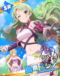  2girls ;) ahoge aqua_eyes armor bandeau blonde_hair blush character_name character_signature cosplay costume_switch crop_top gloves green_hair hands_on_own_hips idolmaster idolmaster_million_live! lens_flare licking_lips long_hair looking_at_viewer midriff milla_maxwell milla_maxwell_(cosplay) miniskirt multiple_girls navel official_art one_eye_closed shimabara_elena shimabara_elena_(cosplay) signature skirt smile sword tales_of_(series) tales_of_xillia tongue tongue_out very_long_hair weapon wink wristband 