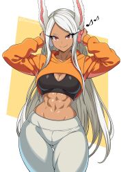  1girl abs absurdres animal_ears black_sports_bra boku_no_hero_academia breasts cleavage commentary cropped_hoodie dark-skinned_female dark_skin english_commentary gluteal_fold hands_up headphones highres hood hoodie large_breasts long_eyelashes long_hair looking_at_viewer midriff mirko musical_note navel orange_hoodie pants parted_bangs rabbit_ears rabbit_girl red_eyes smile solo sports_bra stomach theoiledone thick_thighs thigh_gap thighs tight_clothes tight_pants toned_female twitter_username very_long_hair white_hair white_pants  rating:Sensitive score:13 user:danbooru
