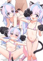  1boy 1girl absurdres ahoge anal_tail animal_ears animal_hands ass bar_censor black_gloves blue_archive blush butt_plug cat_ears cat_paws cat_tail censored fake_tail flat_chest gloves hair_ornament heart heart_censor highres loli long_hair looking_at_viewer multicolored_hair nipples one_eye_closed open_mouth paw_gloves penis pink_hair purple_eyes purple_hair pussy reisa_(blue_archive) simple_background socks star_(symbol) star_hair_ornament striped_clothes striped_socks tail twintails white_background yonketa 