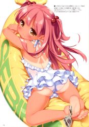  1girl absurdres ass barefoot between_toes blush brown_eyes casual_one-piece_swimsuit feet frilled_swimsuit frills hair_bobbles hair_ornament highres holding_with_feet kani_biimu loli long_hair looking_at_viewer looking_back lying mikane_sebiri money on_stomach one-piece_swimsuit one-piece_tan original pink_hair shiny_skin smile soles solo swimsuit tan tanline toes two_side_up white_one-piece_swimsuit 