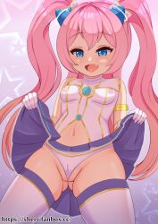  1girl :d angelic_buster armlet bare_shoulders blue_eyes blush bow breasts cameltoe cleft_of_venus clothes_lift elbow_gloves eyelashes fang female_focus gloves gluteal_fold hair_bow highres horns long_hair maplestory navel nipples open_mouth panties pink_hair purple_skirt see-through see-through_shirt sherr_(artist) shirt skirt skirt_lift sleeveless sleeveless_shirt small_breasts smile solo sparkle standing star_(symbol) starry_background thighhighs thighs twintails underwear white_gloves white_panties white_thighhighs 