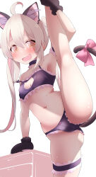  1girl @_@ absurdres ahoge alternate_costume animal_ears animal_hands arm_support ass black_bra black_gloves black_panties black_sleeves blush bow bow_panties bra breasts cameltoe cat_cutout cat_ears cat_lingerie cat_tail cleavage_cutout clothing_cutout commentary_request fang frilled_bra frilled_sleeves frills garter_straps genderswap genderswap_(mtf) gloves grey_hair hair_between_eyes hand_on_own_leg hand_up highres indoors long_hair looking_at_viewer meme_attire multicolored_hair navel onii-chan_wa_oshimai! orange_eyes oyama_mahiro panties paw_gloves pink_hair single_garter_strap small_breasts smile solo split spoken_blush standing standing_on_one_leg standing_split stomach strap_slip sweat tail tetori_(tetolisto) twintails two-tone_hair underwear underwear_only very_long_hair wavy_mouth 