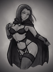 1girl artist_name blush bra breasts cape cleavage dc_comics female_focus fingerless_gloves forehead_jewel garter_belt garter_straps gloves greyscale iahfy lingerie medium_breasts monochrome panties raven_(dc) short_hair signature solo teen_titans thighhighs toned underwear underwear_only rating:Questionable score:81 user:Anon_Perv