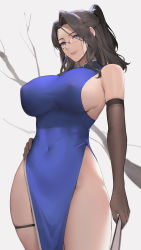 1girl absurdres alios_arvin bare_shoulders blue_dress blue_eyes blush breasts brown_gloves brown_hair china_dress chinese_clothes covered_navel dress elbow_gloves female_focus folding_fan glasses gloves grin half_updo hand_fan highleg highleg_dress highres holding holding_fan inoue_iris_(sdustz) large_breasts looking_at_viewer mature_female no_bra no_panties original parted_bangs pelvic_curtain ponytail side_slit sideboob sidelocks skindentation smile solo taut_clothes taut_dress teardrop_facial_mark thigh_strap thighs  rating:Sensitive score:160 user:danbooru