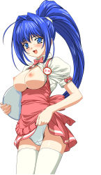  00s a1_(initial-g) absurdres apron blue_eyes blue_hair blush bow breasts breasts_out cameltoe clothes_lift hayase_mitsuki highres kimi_ga_nozomu_eien large_bow legs_together long_hair looking_at_viewer medium_breasts nipples open_clothes open_mouth open_shirt panties pink_apron pink_bow pink_skirt ponytail puffy_short_sleeves puffy_sleeves scrunchie shirt short_sleeves simple_background skirt skirt_lift smile standing sweat thighhighs tray underwear waitress white_background white_legwear white_panties white_scrunchie white_shirt  rating:Questionable score:37 user:SuperSonic3
