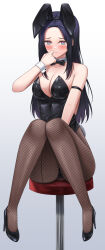  absurdres animal_ears black_bow black_bowtie black_hair black_leotard black_pantyhose bow bowtie breasts character_request cleavage detached_collar fishnet_pantyhose fishnets gradient_background grey_background highres large_breasts last_origin lazb. leotard pantyhose playboy_bunny purple_eyes rabbit_ears rabbit_tail stool tail white_background wrist_cuffs 