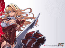  1girl black_thighhighs blonde_hair blood blood_stain blue_eyes breast_hold breasts cleavage cleavage_cutout clothing_cutout dress eyepatch freezing_(series) garter_belt hairband highres kim_kwang_hyun large_breasts long_hair no_bra ribbon satellizer_el_bridget solo sword thighhighs torn_clothes weapon  rating:Questionable score:29 user:Megami-sama