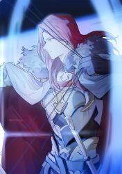  1boy aiming armor black_gloves black_sash blurry bow_(weapon) breastplate cape closed_mouth depth_of_field drawing_bow failnaught_(fate) fate/grand_order fate_(series) from_side fur-trimmed_cape fur_trim gloves hair_behind_ear highres holding holding_bow_(weapon) holding_weapon long_hair looking_ahead male_focus parted_bangs profile red_cape red_hair sash serious sheath sheathed solo standing sword tristan_(fate) two-sided_cape two-sided_fabric upper_body weapon white_cape wuren_daoshang_dekezong yellow_eyes 