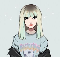  1girl black_eyes blackpink blonde_hair blunt_bangs closed_mouth commentary english_commentary green_hair highres jacket k-pop leather leather_jacket lisa_(blackpink) looking_at_viewer medium_hair milkoe multicolored_hair real_life red_lips shirt solo star_(symbol) straight-on t-shirt upper_body 