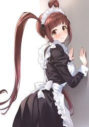  1girl against_wall alternate_costume apron b1ack_illust black_dress black_ribbon blush breasts brown_eyes brown_hair cowboy_shot dot_nose dress enmaided eyelashes frilled_apron frills from_behind hair_ribbon hand_on_wall highres idolmaster idolmaster_million_live! idolmaster_million_live!_theater_days large_breasts leaning_forward lone_nape_hair long_hair long_sleeves looking_at_viewer looking_back maid maid_apron maid_headdress matsuda_arisa puffy_sleeves ribbon shy sidelocks simple_background solo standing twintails very_long_hair waist_ribbon wavy_mouth 