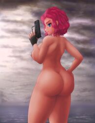 1girl absurdres ass avengers_(series) black_widow black_widow_(marvel) blue_eyes breasts cloud completely_naked_female completely_nude dark_clouds gun hand_on_thighs handgun highres huge_filesize looking_at_viewer marvel natasha_romanoff nipples nude pistol red_hair saf-404 safartwoks safartworks short_hair thick_thighs thighs weapon wide_hips